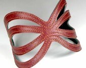 Recycled Reversible Cranberry Red and Lake Blue Leather Cuff Rib Cage Design