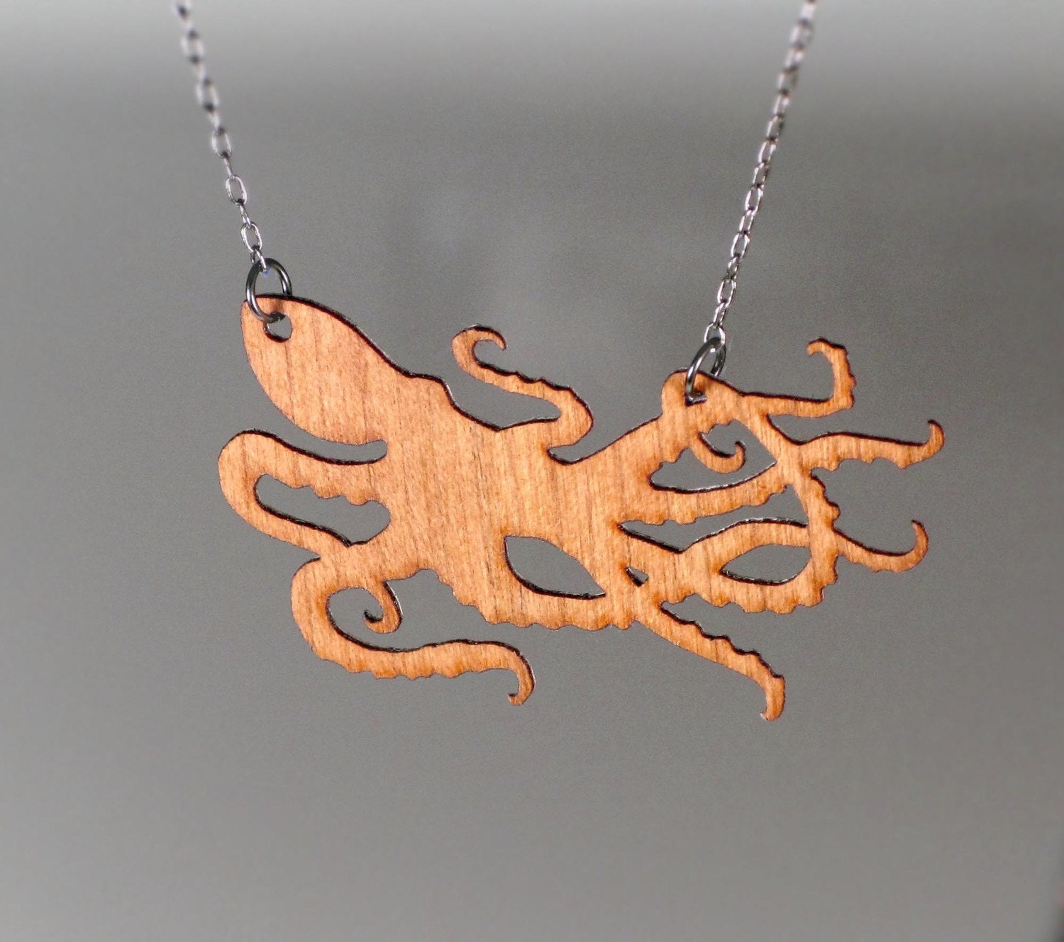 Reversible Wood and Steel Octopus Pendant Necklace