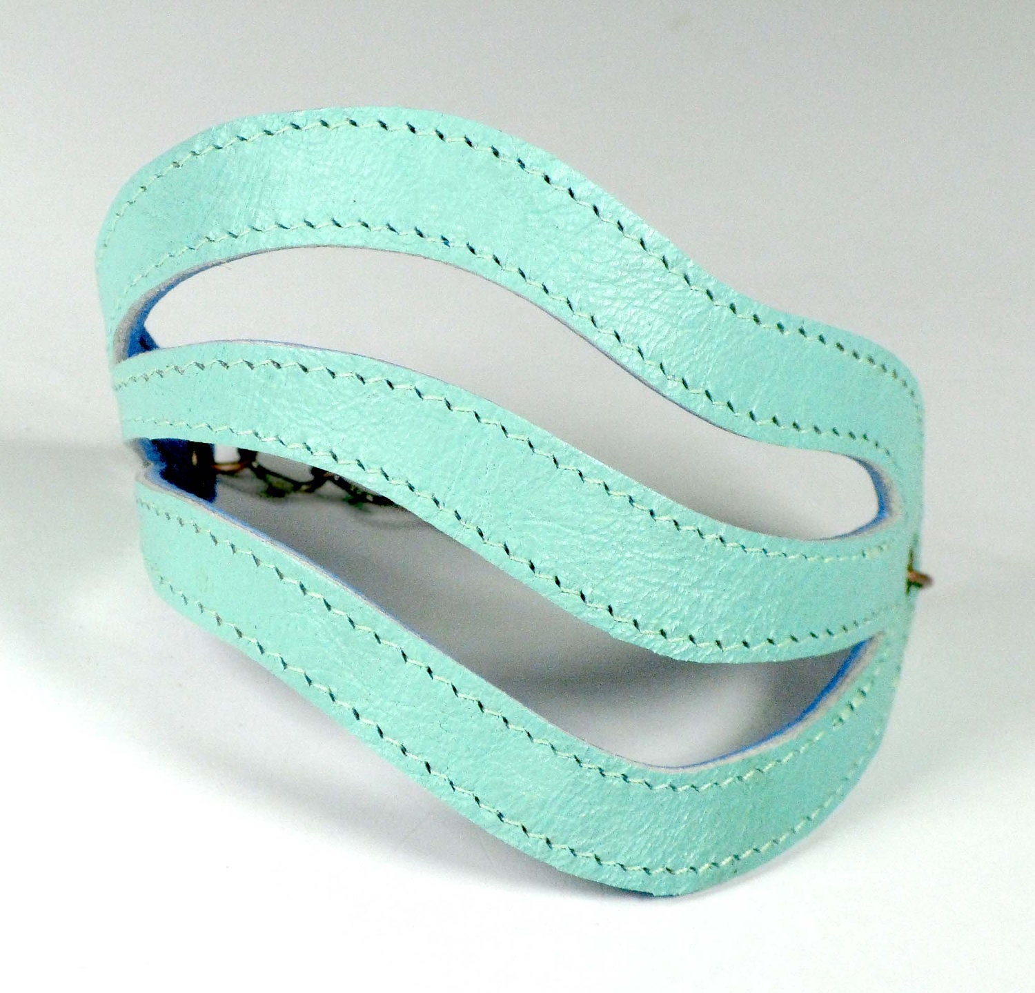 Leather Bracelet Cuff Mint and Blue Reversible
