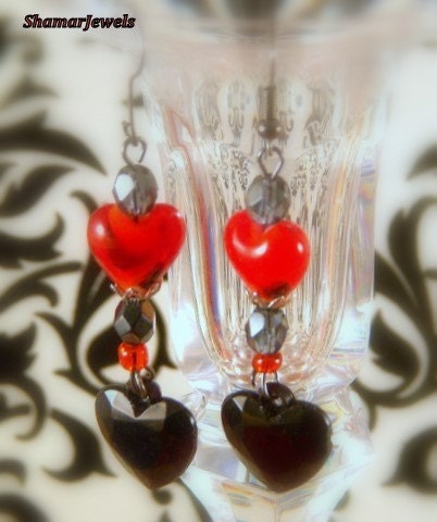 Red Hot Animal Print Earrings with a Black Heart and  Lampwork Red Heart