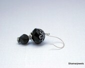 Floral Silver Capped 16mm Onyx Cut Glass Bead and Matte Black and Mica Earrings