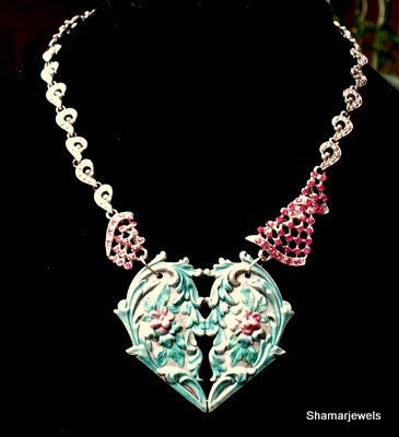 Art Nouveau Goth Heart with Vintage Clear and Fuschia Rhinestone Necklace