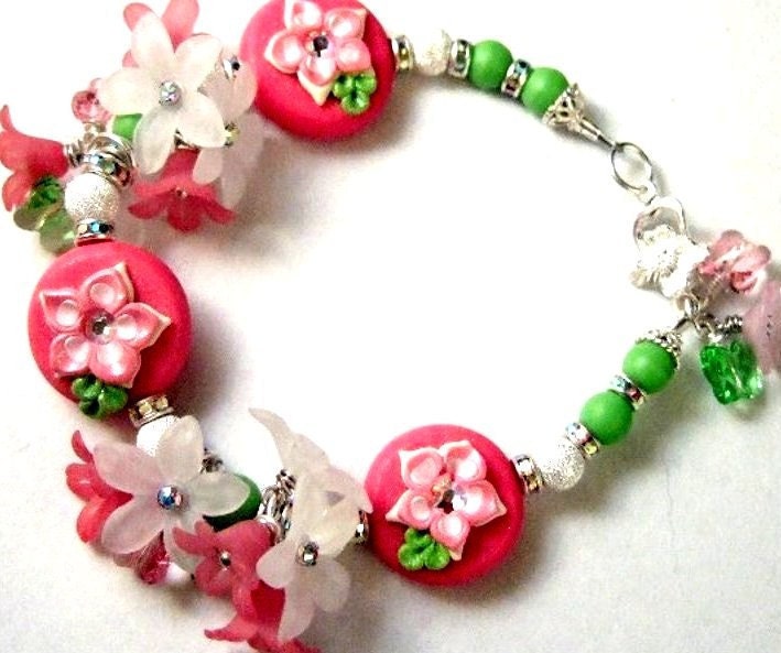SALE......One of a Kind Sterling Silver, Polymer Clay, Vintage Lucite, Apple Green Turquoise, and Swarovski Crystal Bracelet