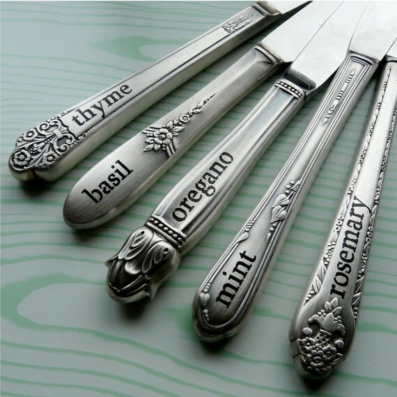 Herb Plant Stakes - Set of 5, Antique Silver Knives, Rosemary, Sage, Thyme, Basil, Oregano