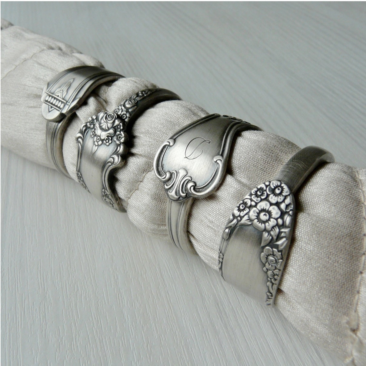 Silver Spoon Napkin Rings, Antique Patterns, Set of 4