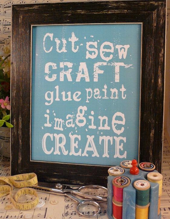 Cut Sew Craft Glue Paint Imagine Create sign digital PDF - blue inspiration art words vintage style primitive 8 x 10 frame saying