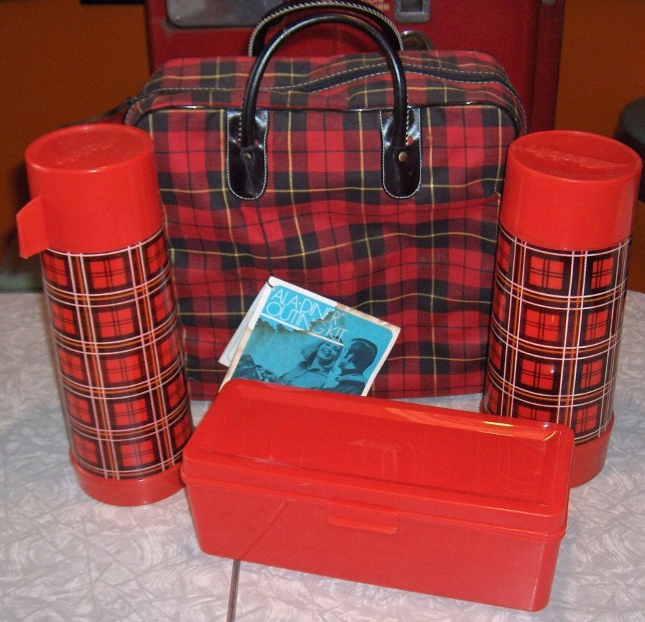 Vintage Red Tartan Plaid Thermos Kit Aladdin by bamboobettie