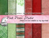 Shabby Christmas Poinsettia Digital Paper Pack 12x12 Red Green Plaid...Scrapbooking, Crafts and Cardmaking