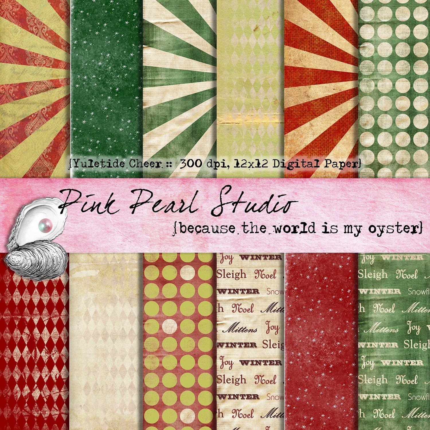 Yuletide Cheer Grungy Shabby Christmas Digital Paper Pack 12x12 Scrapbooking, Crafts and Cardmaking