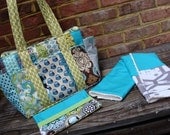 Baby Diaper Bag Set with Patchwork Detailing by Watermelon Wishes: Large Stylish Green and Blue