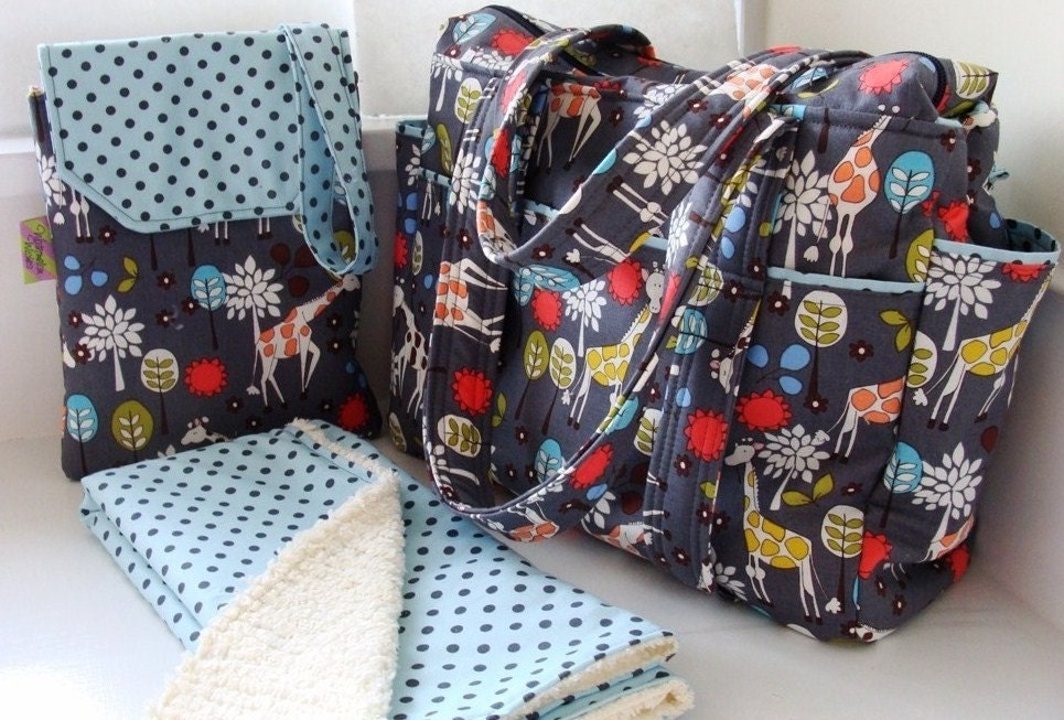 Diaper Bag with Zippered Top and Diaper Clutch with Changing Pad