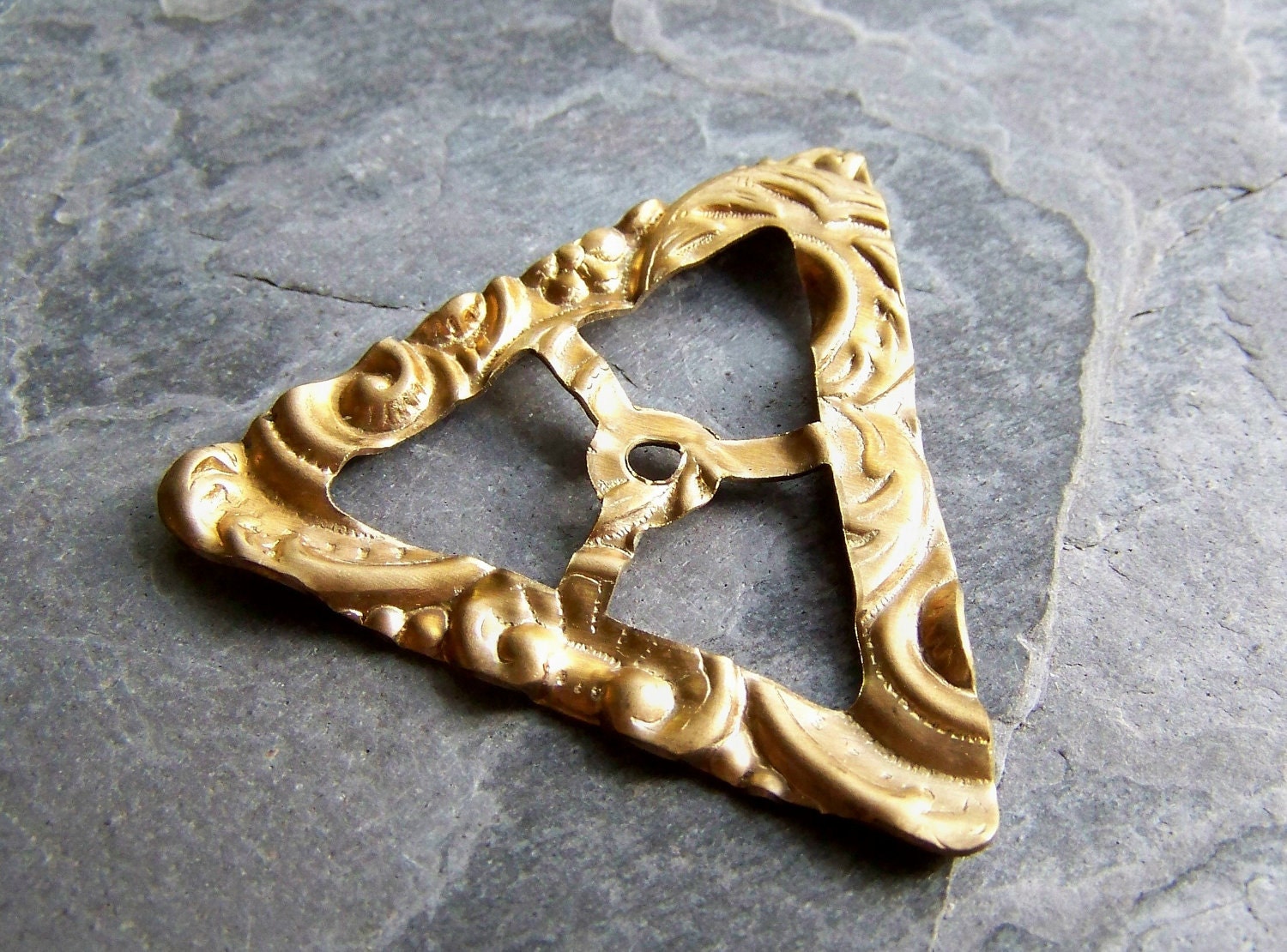 Sale-See Store Announcement-Vintage Stamping-Vintage Rococo Etched Triangle Brass Stamping-1
