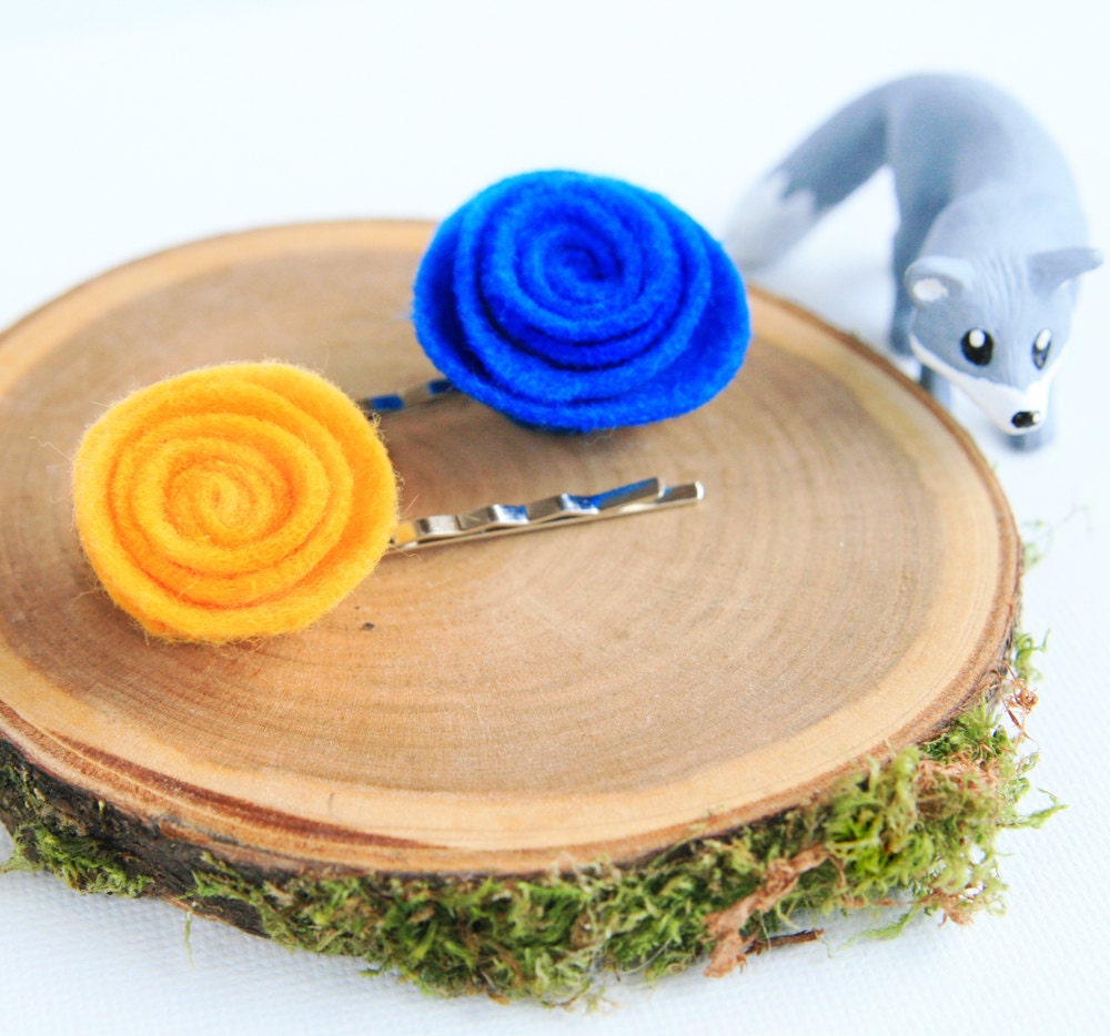 Summer Colors Rosette Blue Yellow Bobby Pin Pair