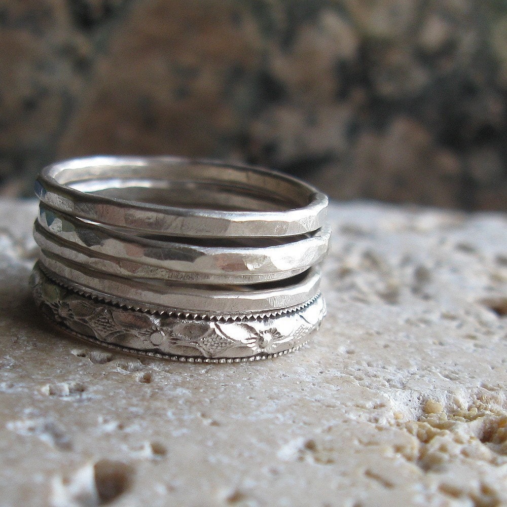Rustic sterling silver stacking ring set