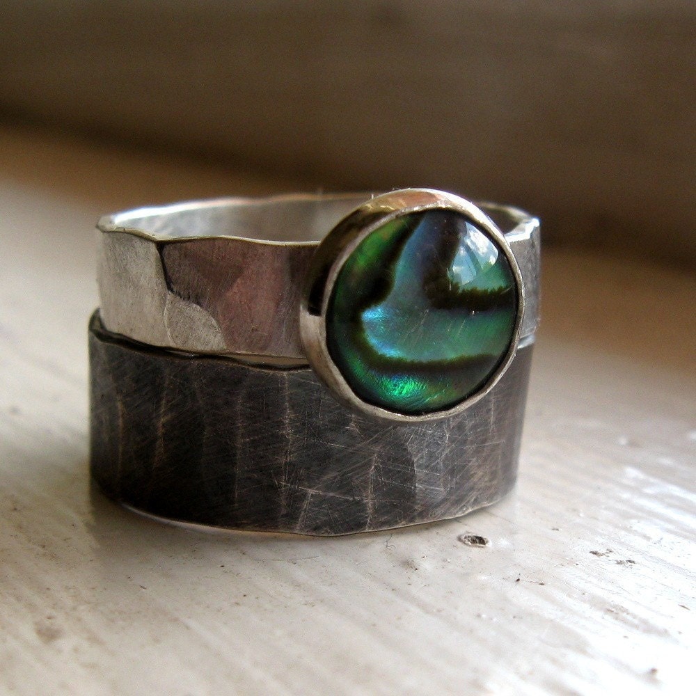 Rustic distressed sterling abalone rings