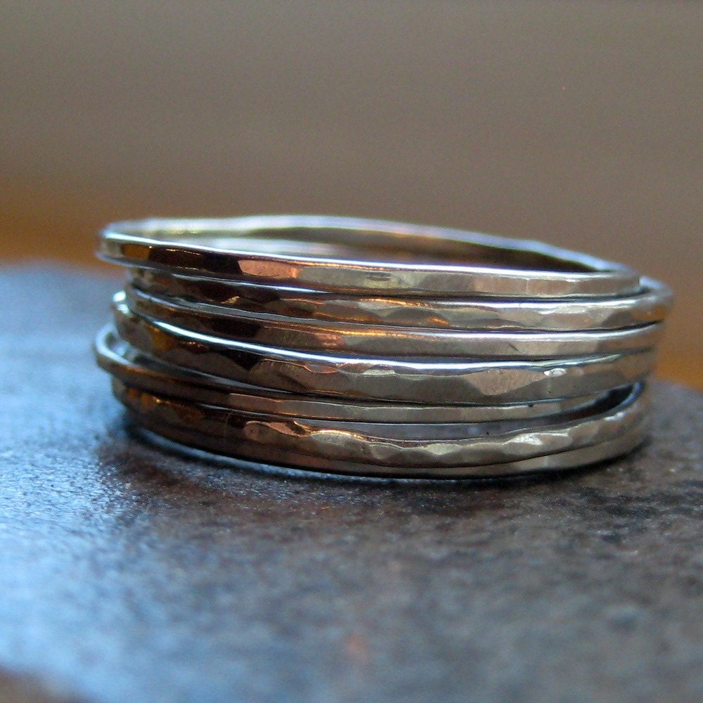 10k White Gold Hammered Stacking Rings