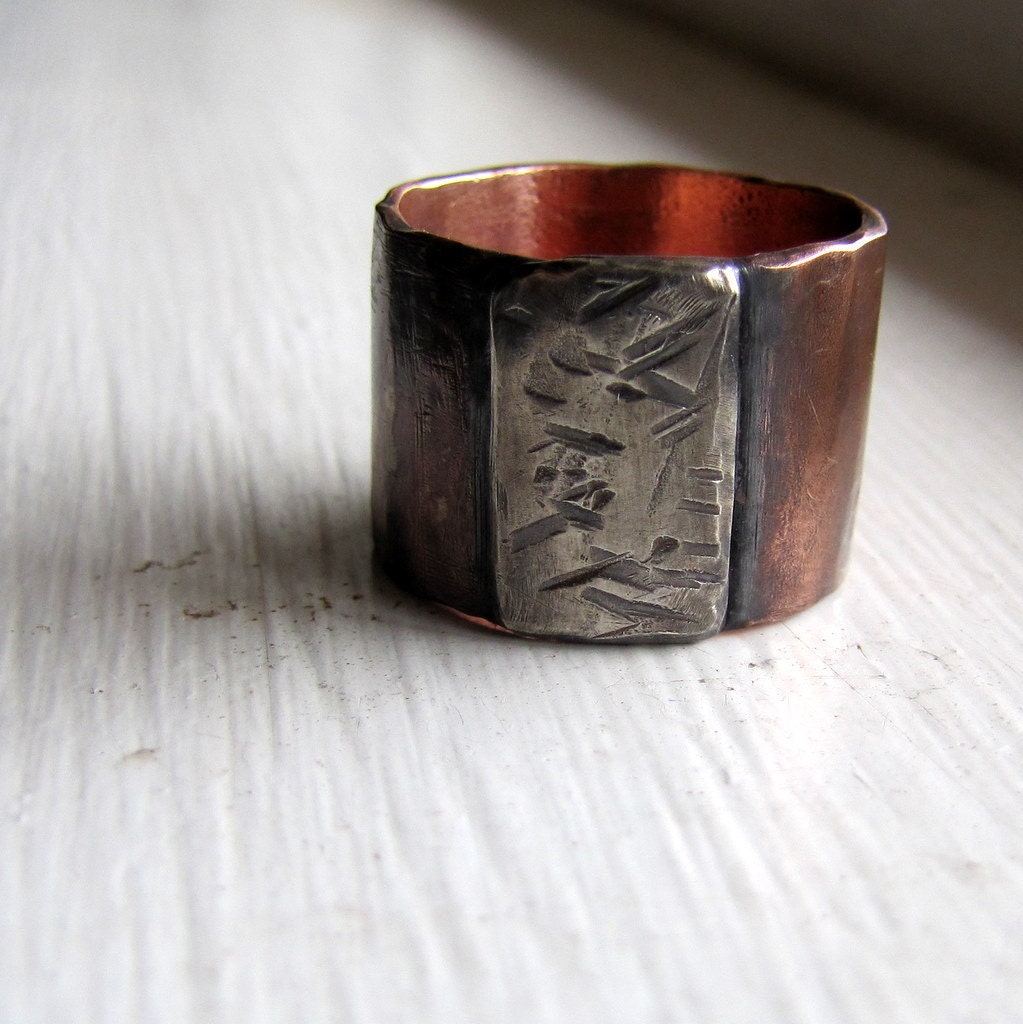 Mens ring of rustic copper and sterling