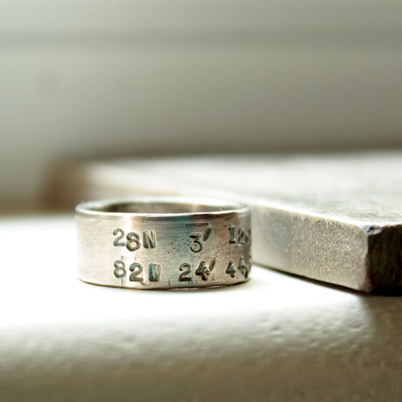 Silver Latitude Longitude Band Mens Ring