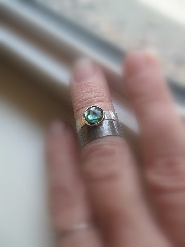 Rustic distressed sterling abalone rings
