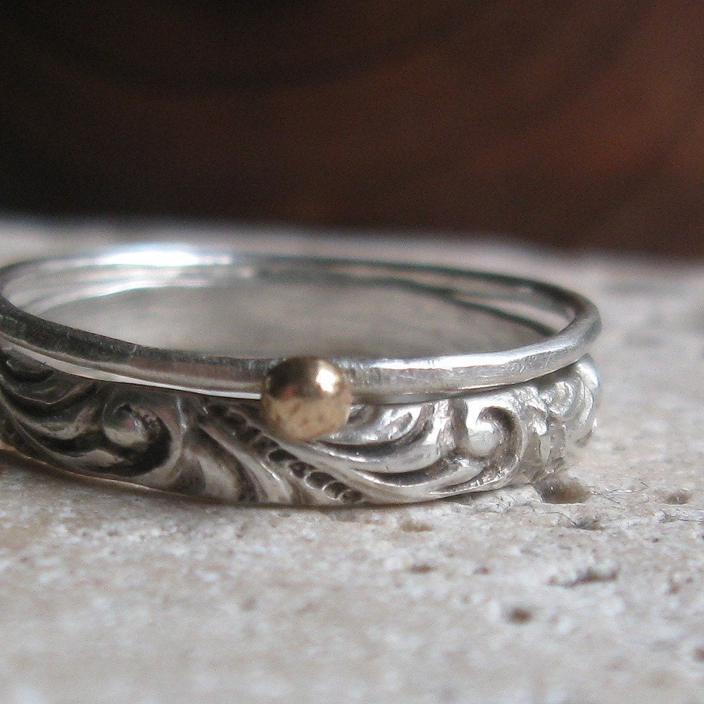 Renaissance Pattern Stacking Rings with Solid Gold Nugget