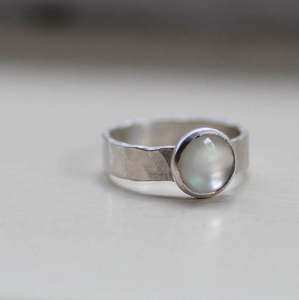 Mother of Pearl Ring Hammered Sterling