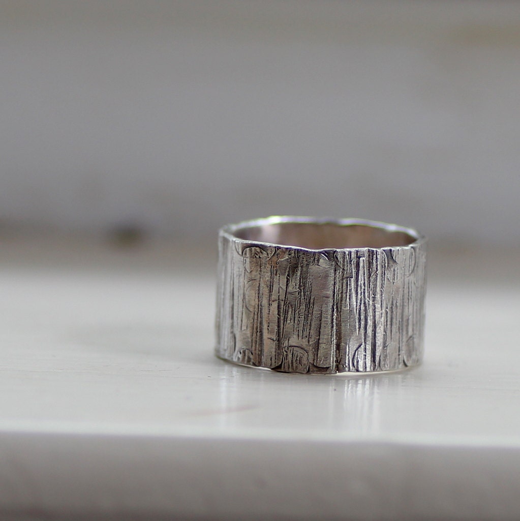 Mens Ring Wood Grain on Sterling Unique Wedding Ring Tree Bark