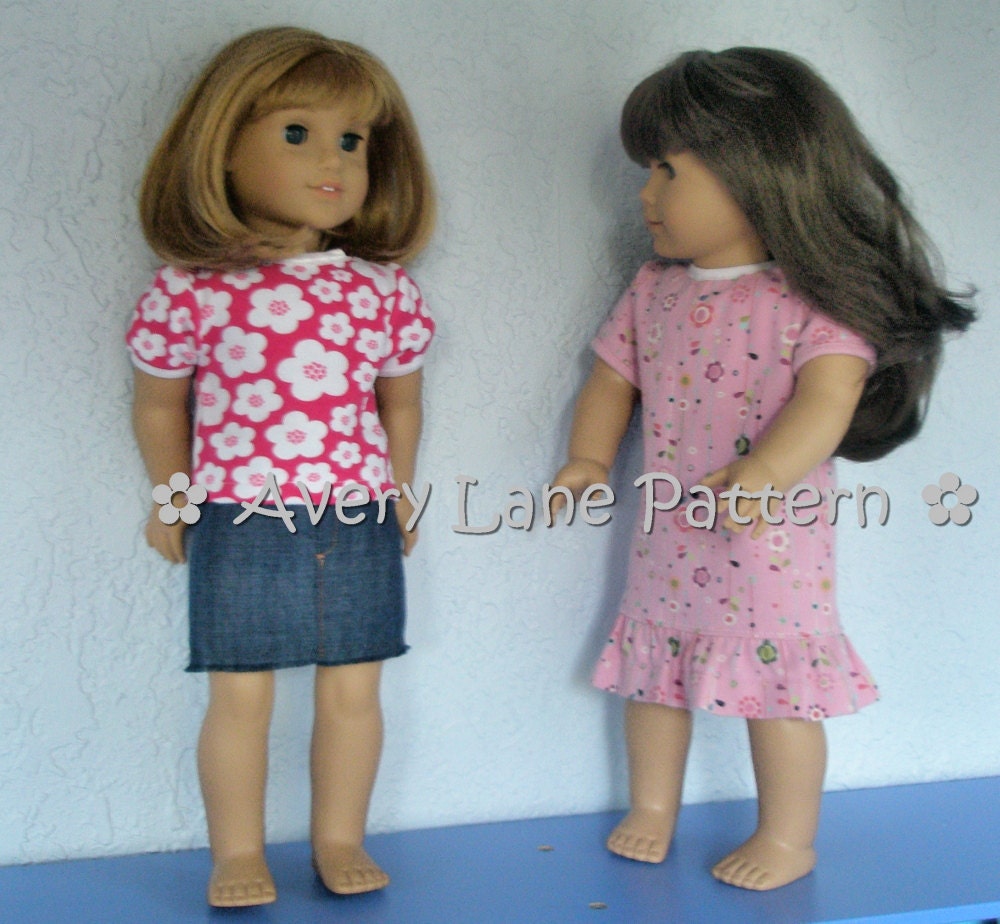 Boutique doll clothes Pattern Audrey Tee and dress pattern by Avery Lane 18 inch dolls PDF email delivery