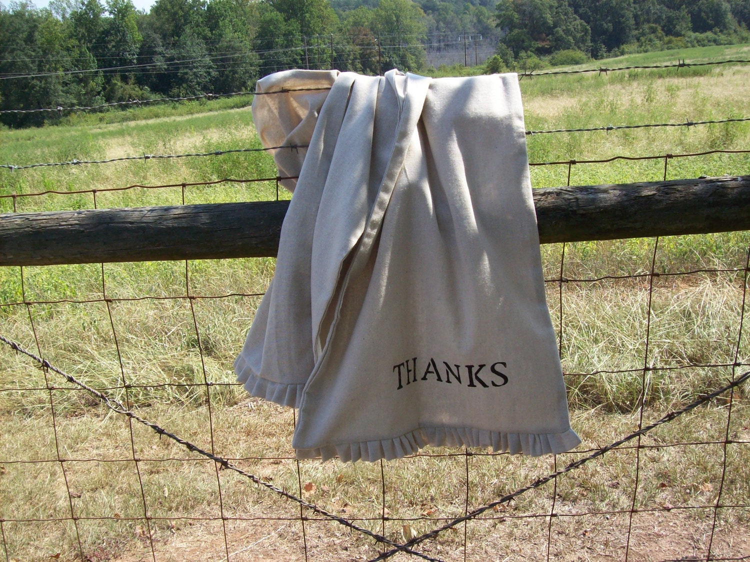Handmade Table Runner Ruffled Hand Stamped Linens Farmhouse French Country Decor Table Linens Monogrammed Personalized