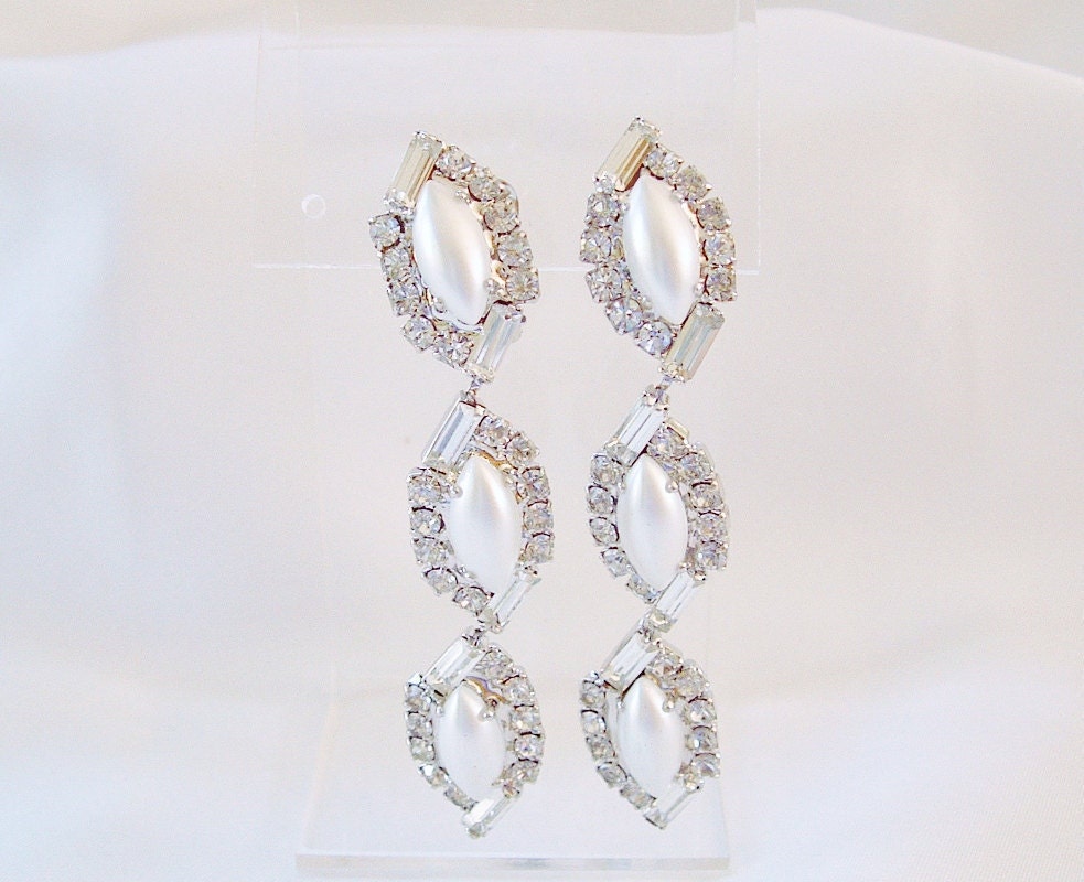 Vintage Rhinestone Pearl Dangle Earrings - Wedding, Bridal, Prom