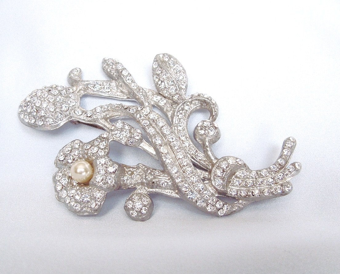 Huge Art Deco Brooch Floral Rhinestone Pave Pearl - Wedding - Bridal - Prom