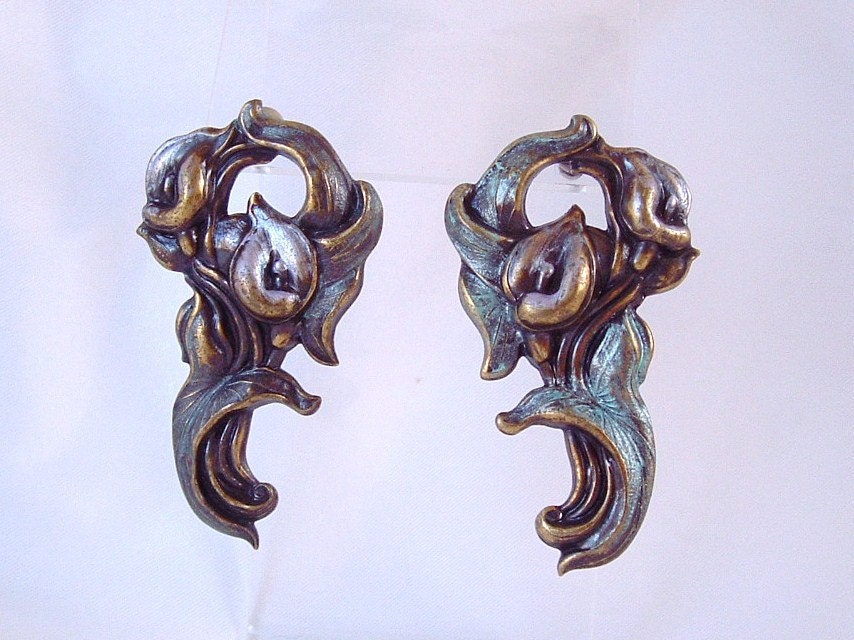 Vintage Nouveau Style Brass Calla Lilly Earrings - posts