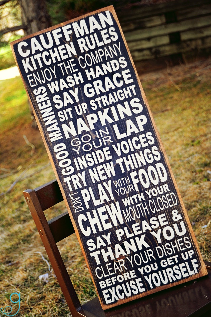 primitive looking (Kitchen Rules Subway Art w/ custom family name) black with cream vinyl lettering pine wood sign