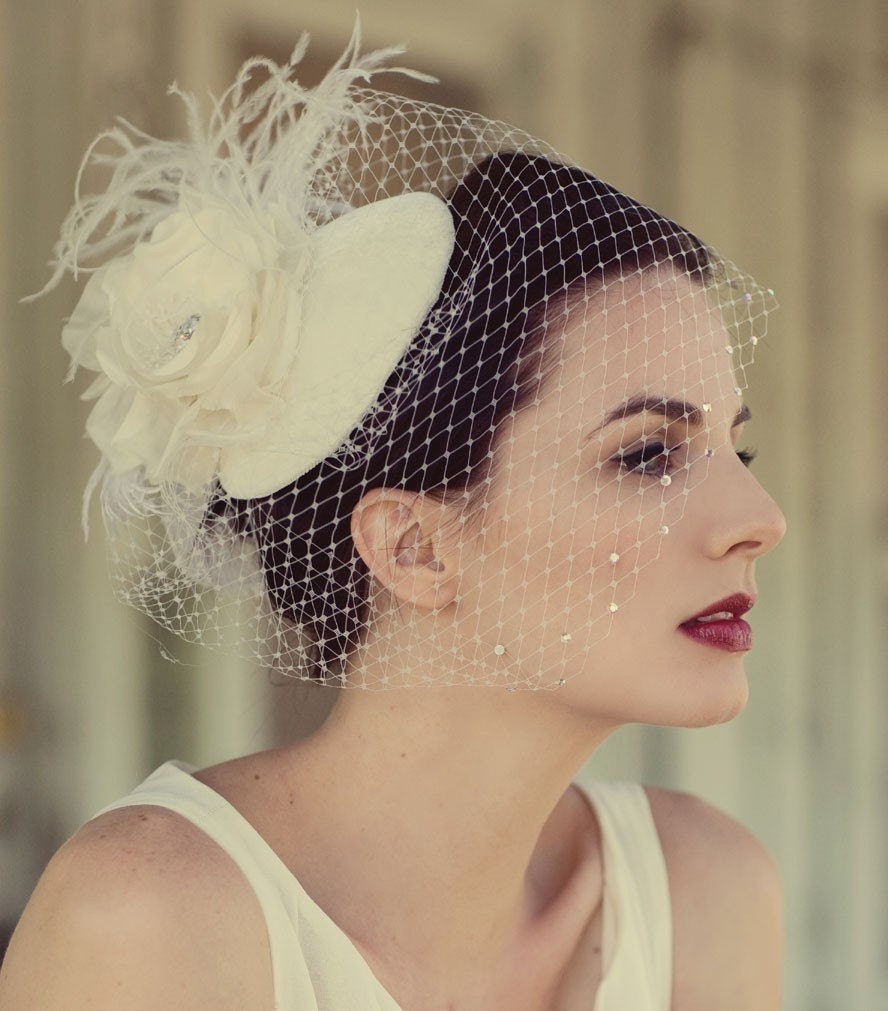 Wedding Veil, Birdcage Veil, Feather Fascinator, Hair Accessory, Bridal Veil, Head Piece, Silk Flower, Rose, Ivory White, High Fashion, Hat
