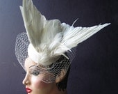 Julia of the Spirits  an ivory white taxidermy bridal feather hat with birdcage veil, Bridal Fascinator, High Fashion, Batcakes Couture