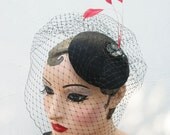 Black Birdcage Veil, Cocktail Hat, Feather Fascinator, Red Feathers, Hair Accessory, High Fashion, Clip, Batcakes Couture