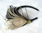 Peacock Feather Fascinator, Ivory White, Headband, Gold Heart,  Black Ostrich, Victorian Head Piece,  Batcakes Couture