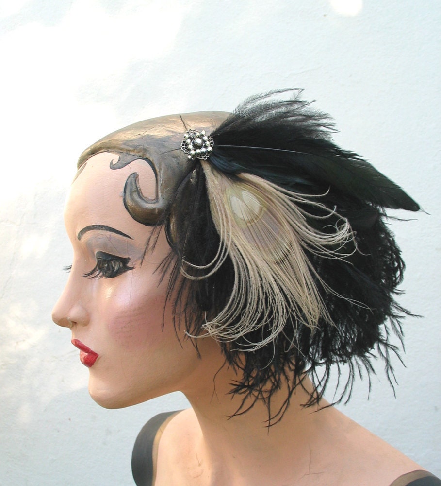 Weddings, White Peacock, Feather Fascinator, Swarovski Crystals, Black, Hair Accessory, Bridesmaid, Retro Head piece, Batcakes Couture
