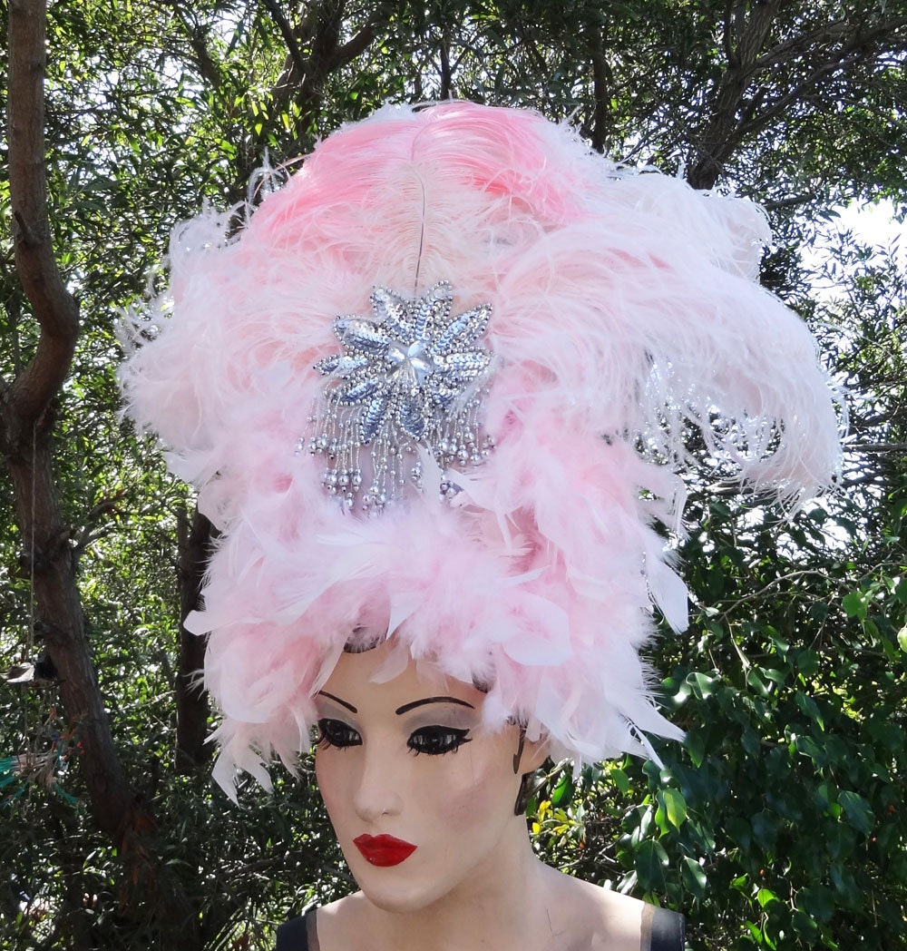 Showgirl Feather Headdress, Viva Las Vegas, Halloween Costume, Burlesque, Pink, SIlver, Ostrich, Batcakes Couture
