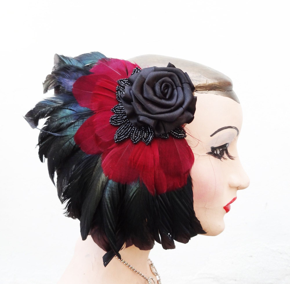 Black and Red Rose Feather Fascinator, Halloween Bridal Head Piece, Jet Beadwork, Women, Costume Accessory, Goth,Batcakes Couture