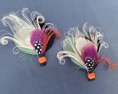 White Peacock Feather Boutonniere, Lapel Pin, Set of Two, Groom, Groomsmen, Weddings, Men, Black, Purple, Green, Orange, Batcakes Couture