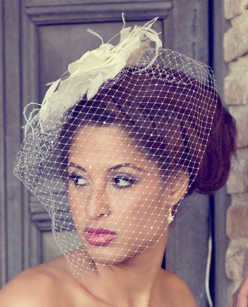 White, Ivory, Black, Red,  Silk Rose Hat,  Birdcage Veil,  Swarovski Crystals, Unique Bridal, Feather Fascinator,  Wedding Veil