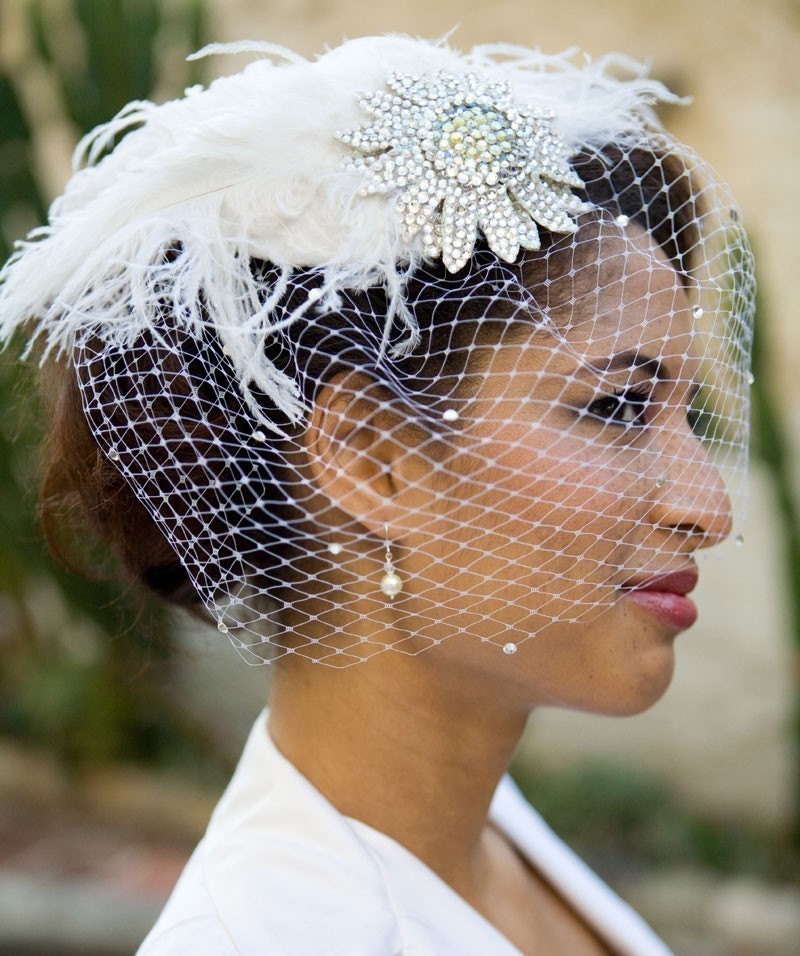 Birdcage Veil, Feather Fascinator, Bridal Hair Accessory, Head Piece, Wedding Veil, Swarovski Crystal, Flower, Blusher Veil, Ivory White
