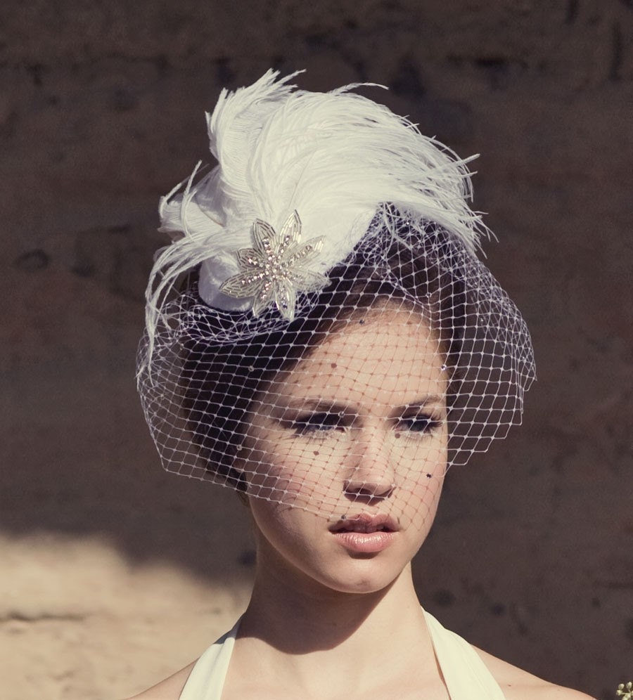 Weddings, Ivory Birdcage Veil, Bridal Hat, Feather Fascinator, Silver Screen Star, Batcakes Couture