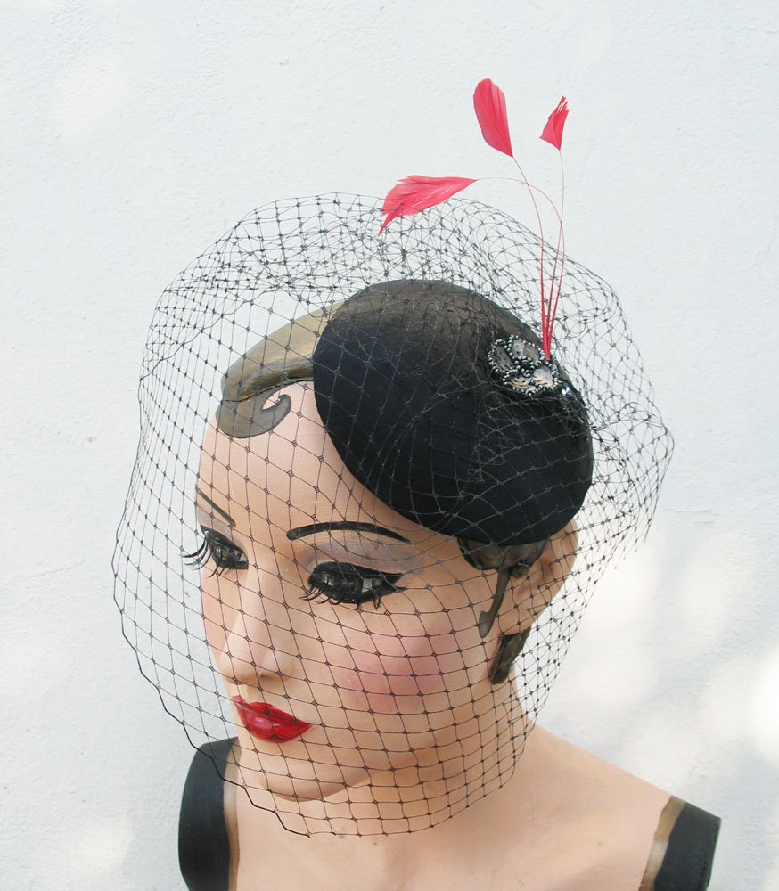 Black Birdcage Veil, Cocktail Hat, Feather Fascinator, Red Feathers, Hair Accessory, High Fashion, Clip, Batcakes Couture