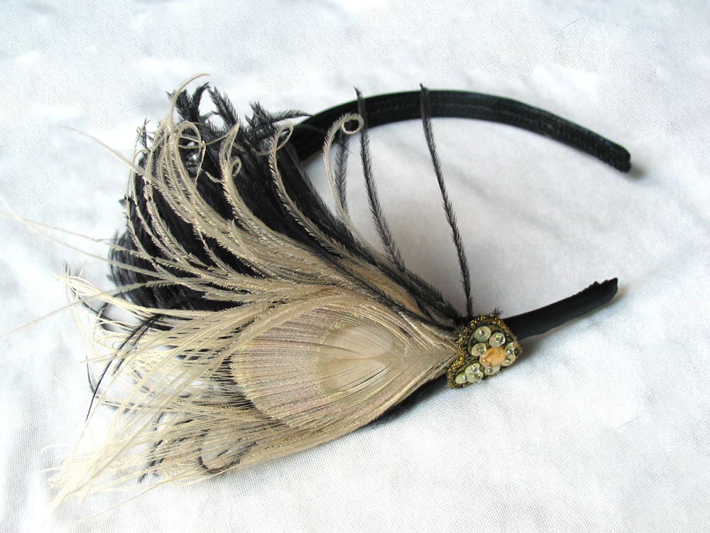 Peacock Feather Fascinator, Ivory White, Headband, Gold Heart,  Black Ostrich, Victorian Head Piece,  Batcakes Couture