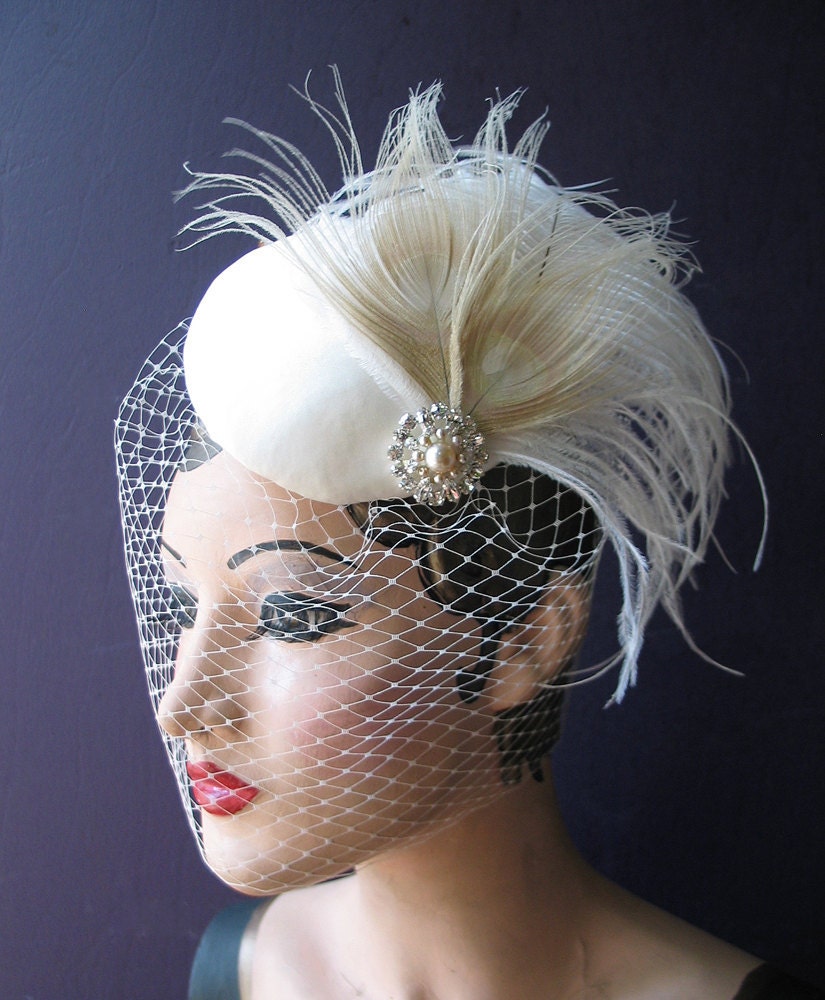 Weddings, Ivory Birdcage Veil, Bridal Hat, White Peacock, Feather Fascinator, Pearl, Crystal Center - Batcakes Couture