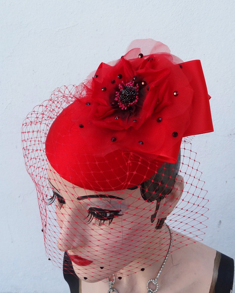 Weddings, Red Hat, Fascinator, Birdcage Veil, Poppy, Rose, Flower ,Cocktail Hat, Ribbon, Bow Swarovski Crystal, Batcakes Couture