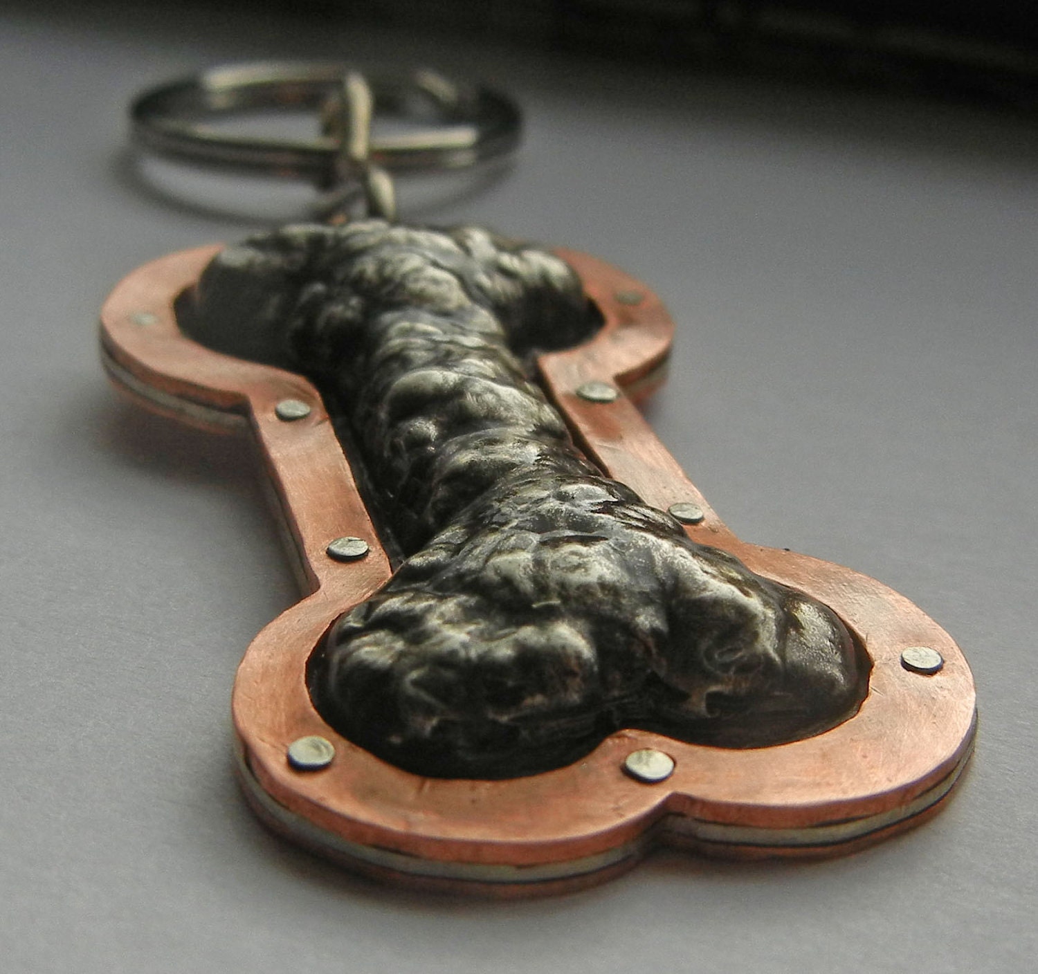 DOG LOVER Dog Bone Keychain Embossed / repousse . Copper, antiqued nickel silver