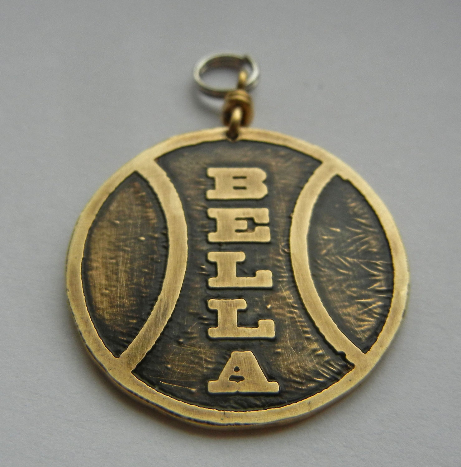 TENNIS BALL dog or pet tag dog id. Brass, nickel silver or copper etched and personalized.
