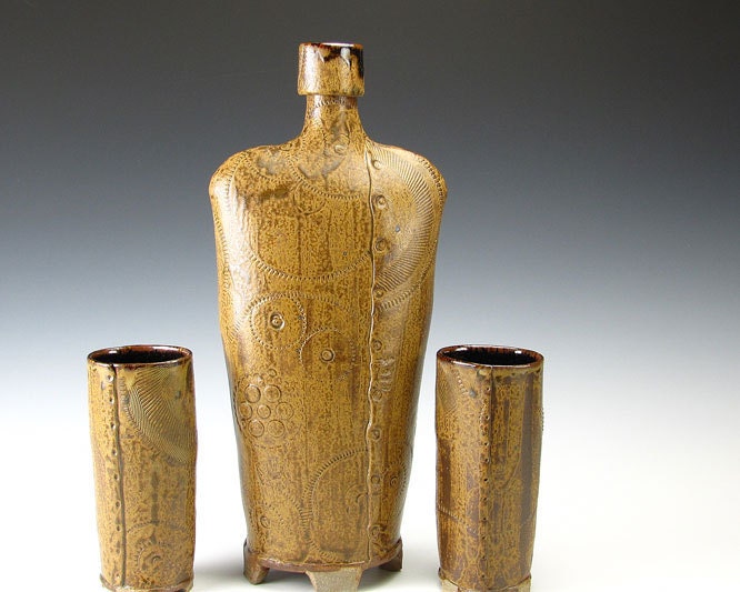 Stoneware Bottle and Goblets